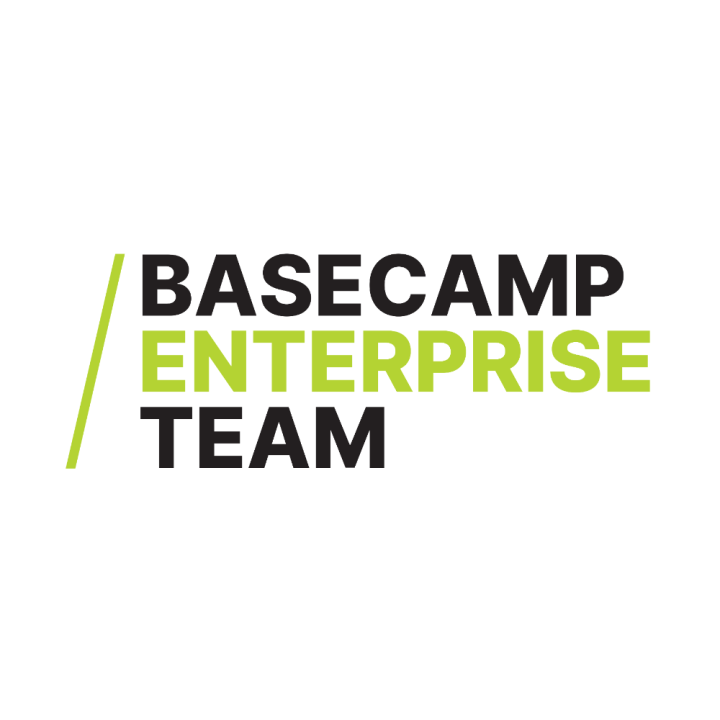 Logo with the words 'Basecamp Enterprise Team' in bold black and green text, with a green diagonal line to the left.