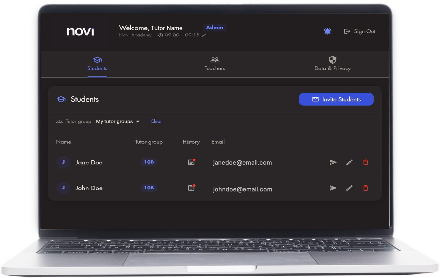 Laptop displaying the Novi school dashboard